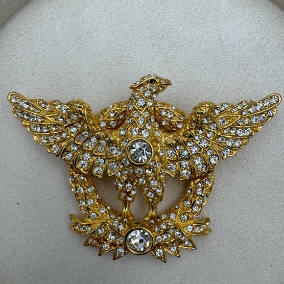 Ann Hand Jewelry - Vintage Ann Hand Crystal Eagle Brooch Gold Tone Heraldic Pin Signed RARE